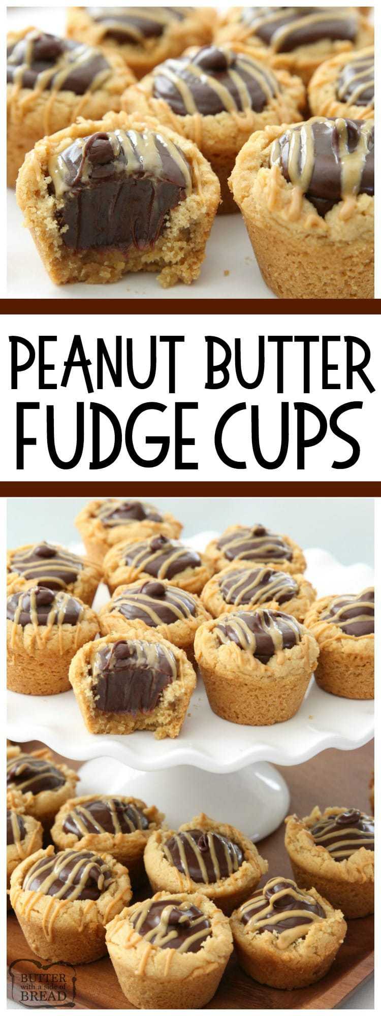 Peanut Butter Fudge Cups are peanut butter cookies filled with a simple chocolate fudge! Delicious flavor combination in these amazing treats from Butter With A side of Bread #peanutbutter #chocolate #fudge #cookies #recipe