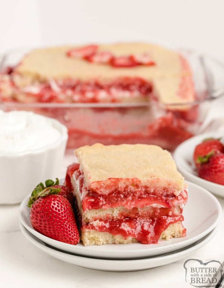 Strawberry dessert with sugar cookie bar layers