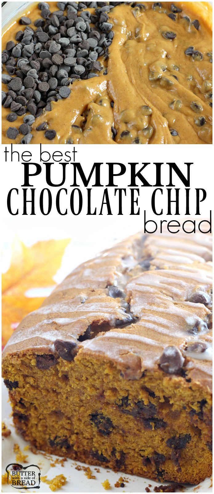 Pumpkin Chocolate Chip Bread is the perfect pumpkin bread recipe!  The vanilla glaze on top is simple and delicious and adds a little bit of extra flavor too! 