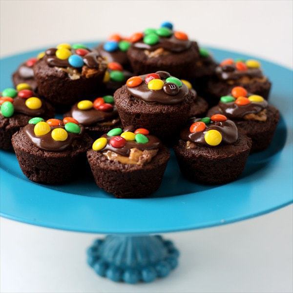 Snickers Brownie Bites are the most delicious little treat! With a dollop of icing and mini M&M's on them, they are the cutest treat to take to parties! 