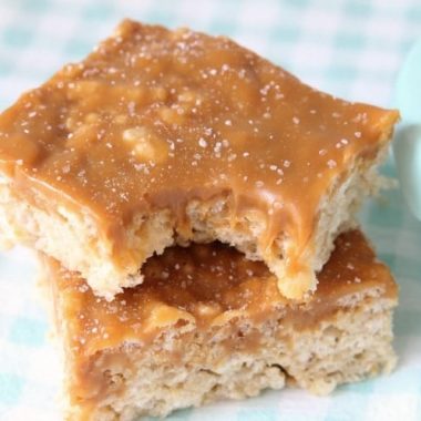 Caramel Rice Krispie Treats are soft, chewy marshmallow squares topped with smooth, rich caramel for an incredible take on traditional rice krispie treats. 