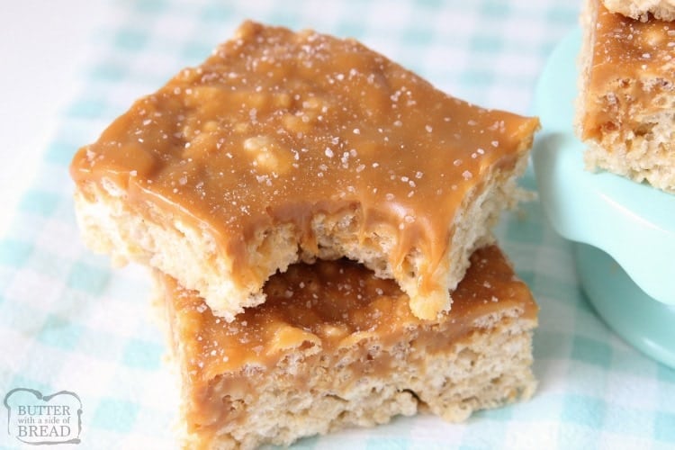 Caramel Rice Krispie Treats are soft, chewy marshmallow squares topped with smooth, rich caramel for an incredible take on rice krispie treats.  