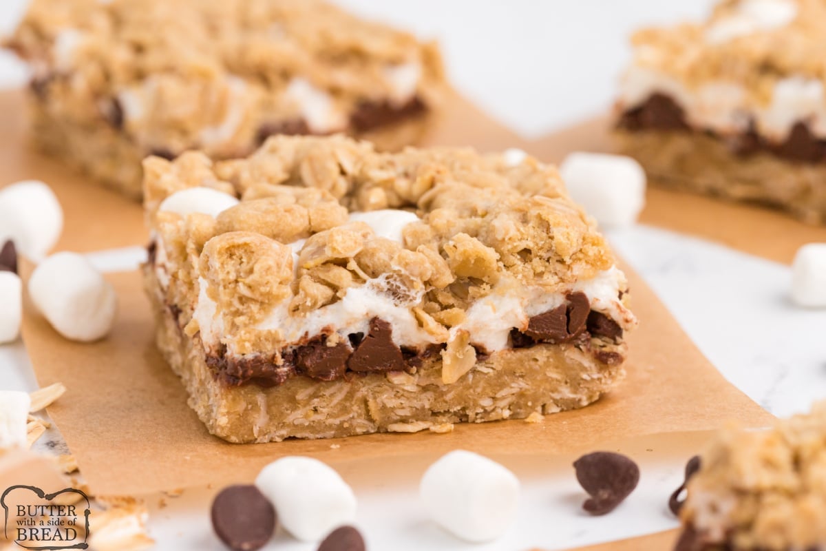 Oatmeal cookie bars with marshmallows and chocolate chips