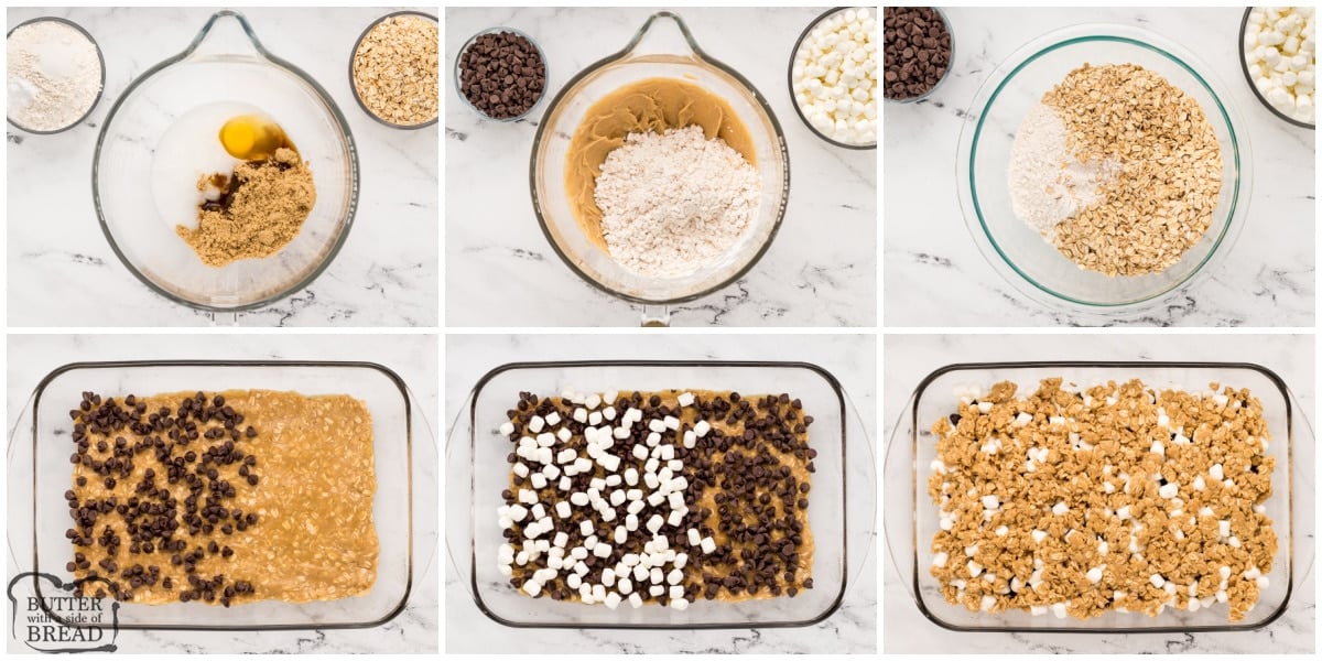 Step by step instructions on how to make Oatmeal Chocolate Chip Cookie Bars with marshmallows