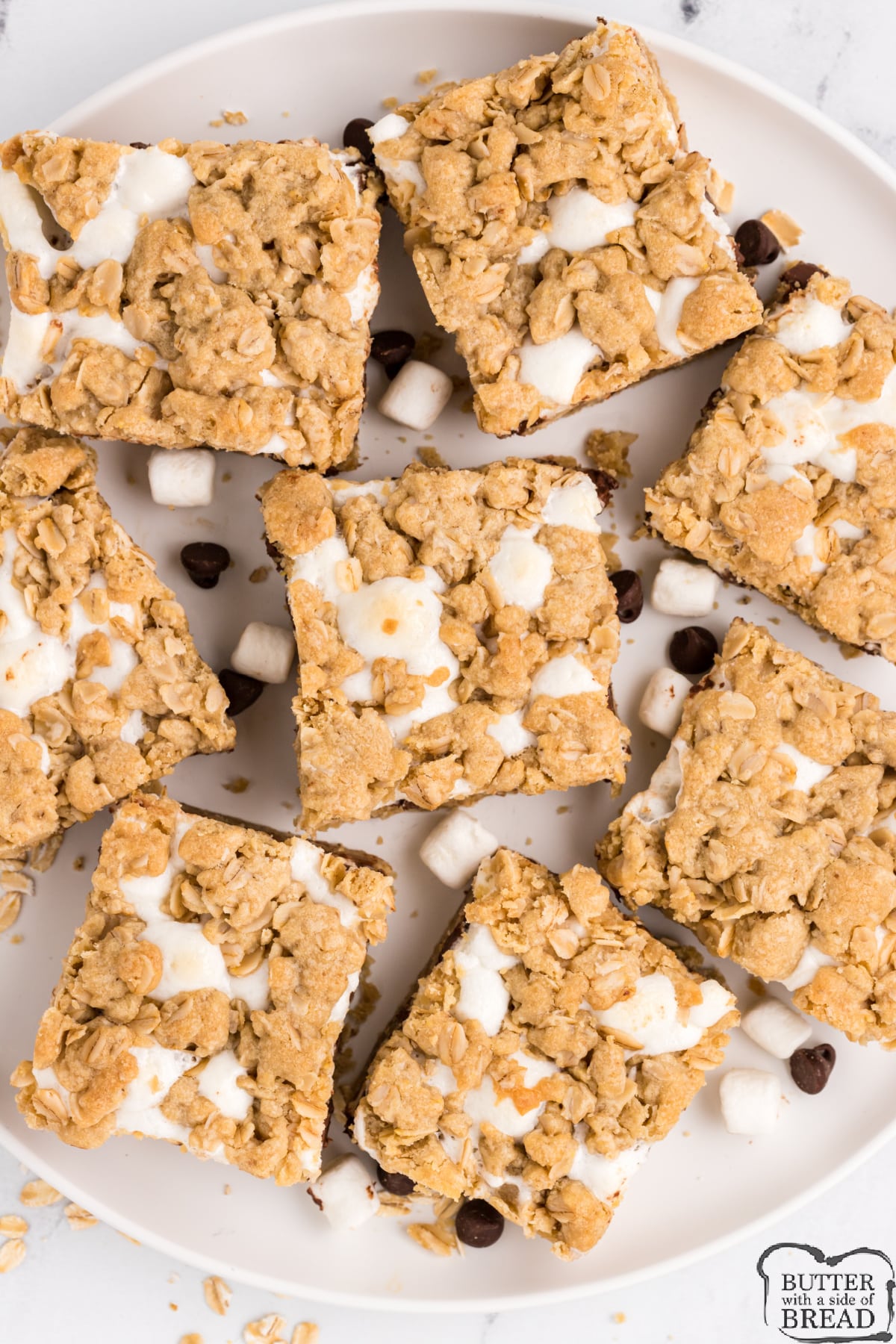 Oatmeal cookie bars with chocolate chips and marshmallows