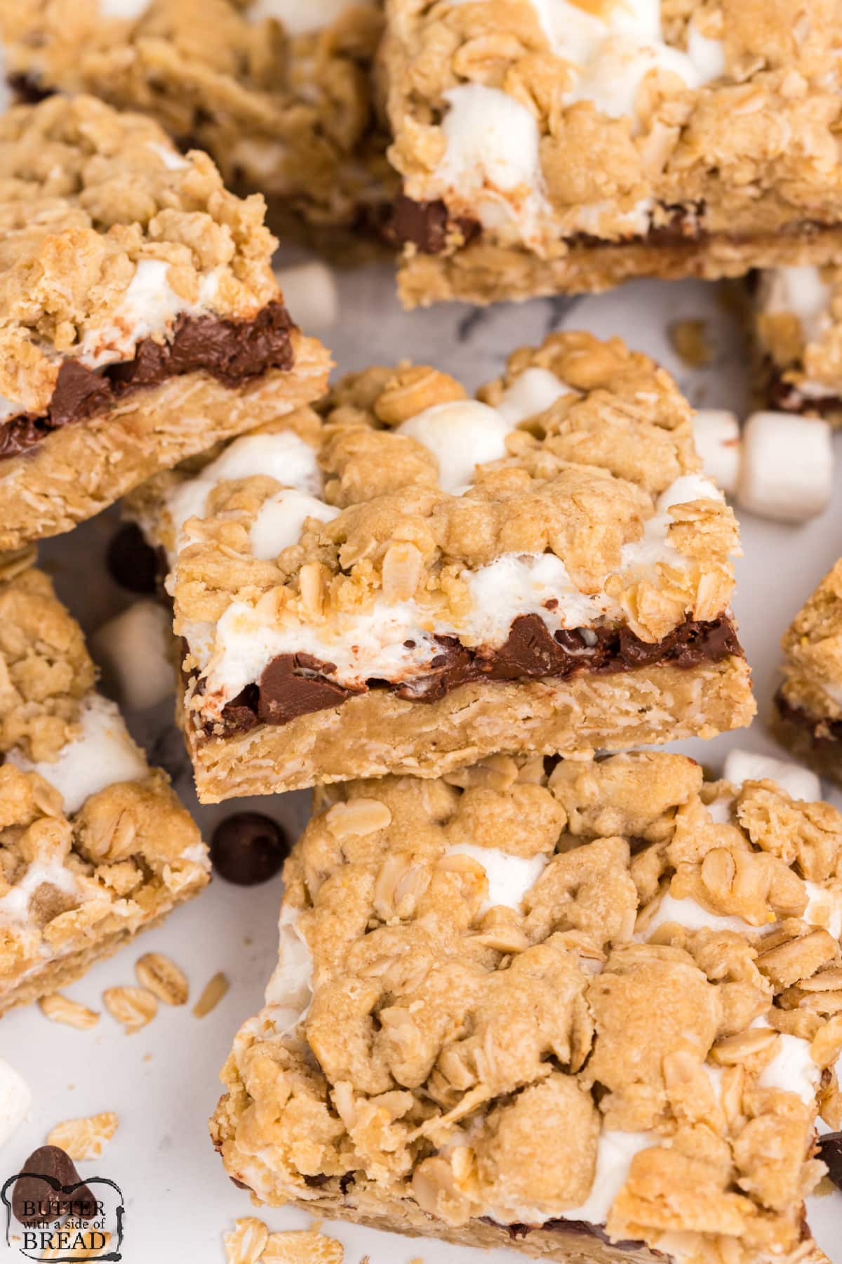 Oatmeal chocolate chip cookie bar recipe with marshmallows