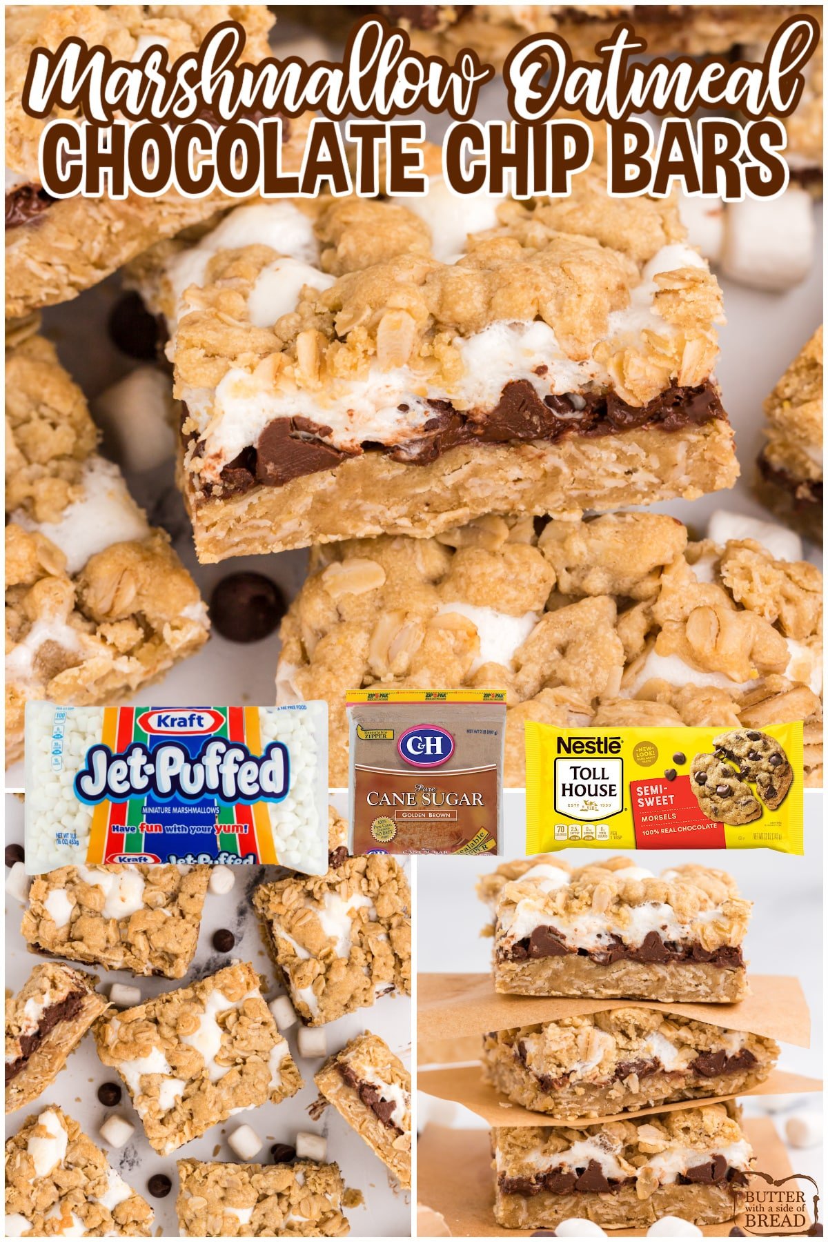 Marshmallow Oatmeal Chocolate Chip Bars are sweet, gooey and absolutely delicious. Marshmallows and chocolate chips are layered between two layers of a simple oatmeal cookie crust. 