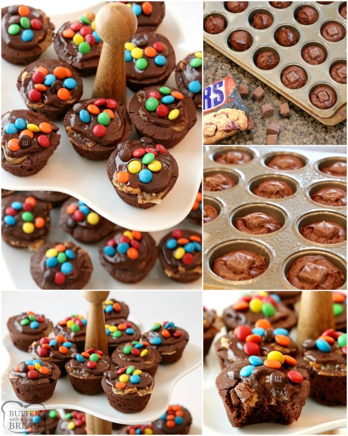 Snickers Brownie Bites made from a homemade brownie recipe then stuffed with Snickers candy and topped with chocolate frosting and chocolate candies.