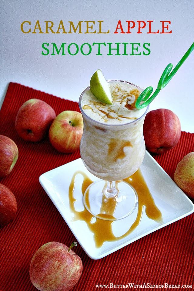 Caramel Apple Smoothies made with an apple, frozen apple juice concentrate, caramel & ice cubes is a fantastic, easy fall treat. Add yogurt for a creamier smoothie!