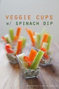 veggie cups with spinach dip, butter with a side of bread
