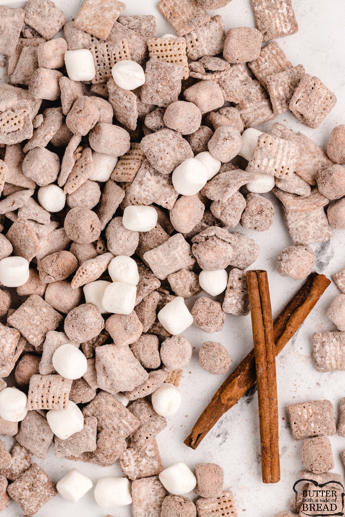 Muddy buddies made with hot cocoa mix