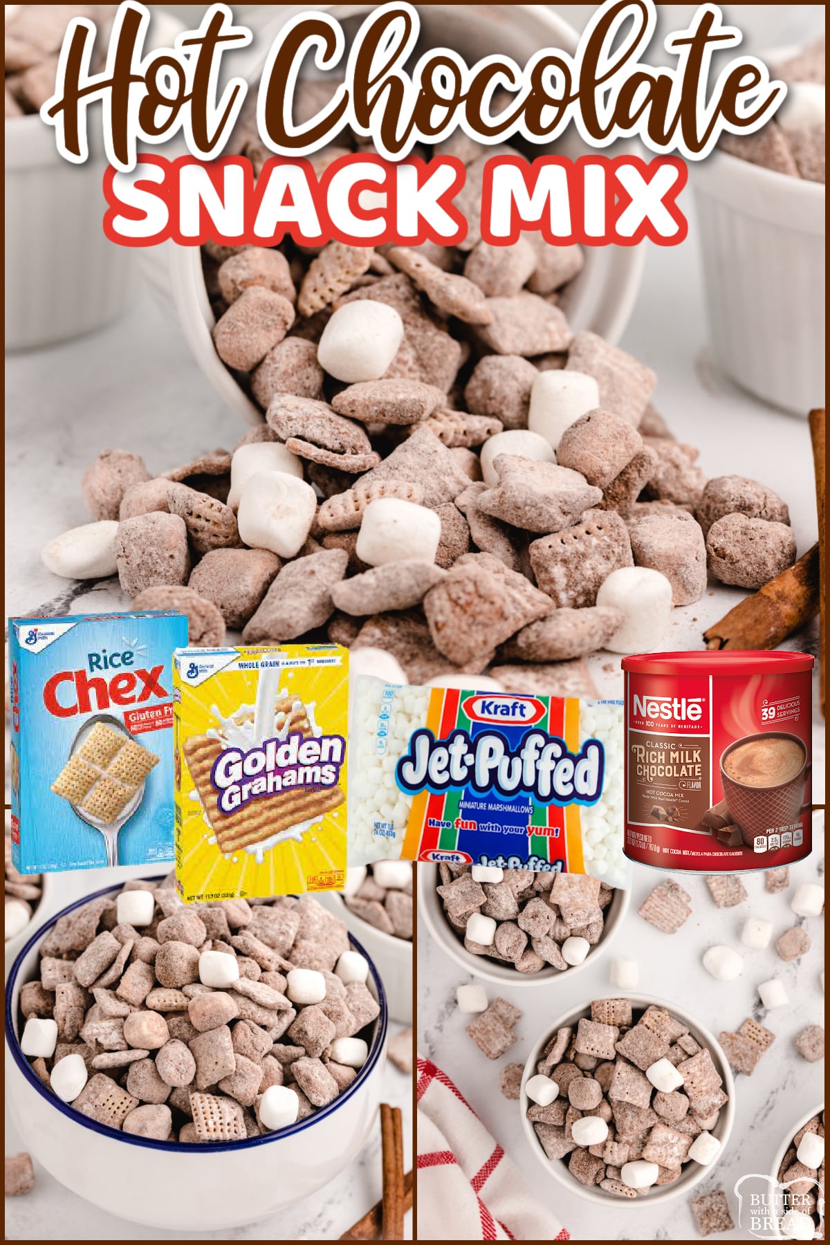 Hot Chocolate Snack Mix is made with Chex cereal, hot chocolate mix, marshmallows, and graham crackers! A fun variation on the traditional muddy buddies recipe. 