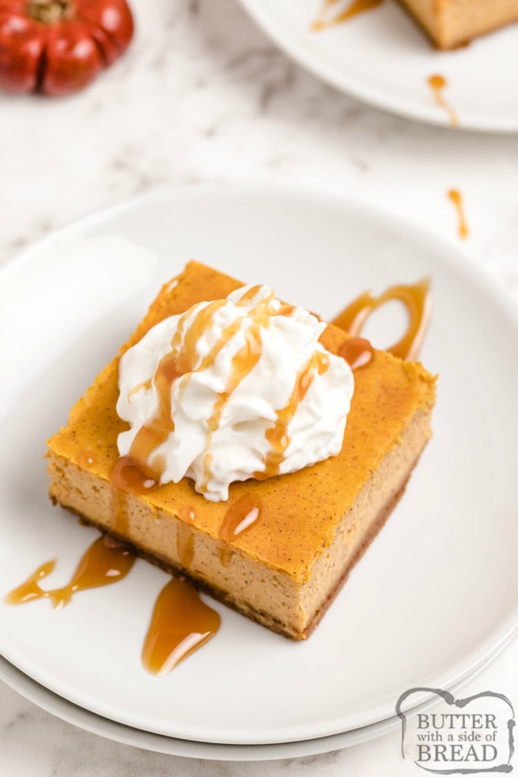 Pumpkin cheesecake bars topped with whipped cream and caramel