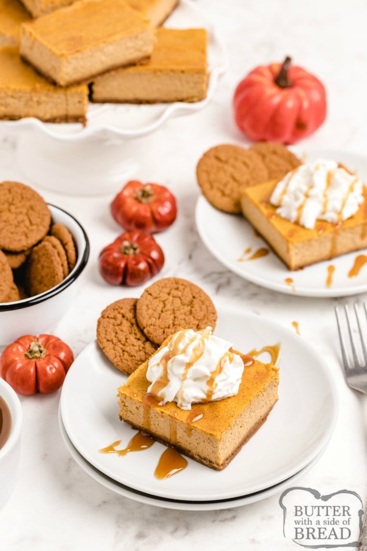 Pumpkin Cheesecake Bars made with a gingersnap crust, a creamy pumpkin cheesecake layer & topped with caramel sauce. Easy pumpkin cheesecake recipe even more delicious than pumpkin pie!