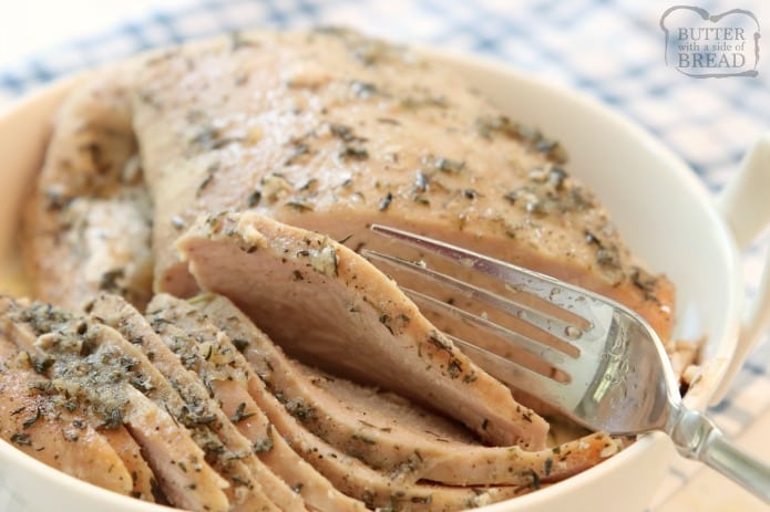 Easy Slow Cooker Turkey Breast recipe made with butter, a sliced apple and a basic mix of traditional seasonings. Crock pot turkey breast recipe perfect for any time of the year!