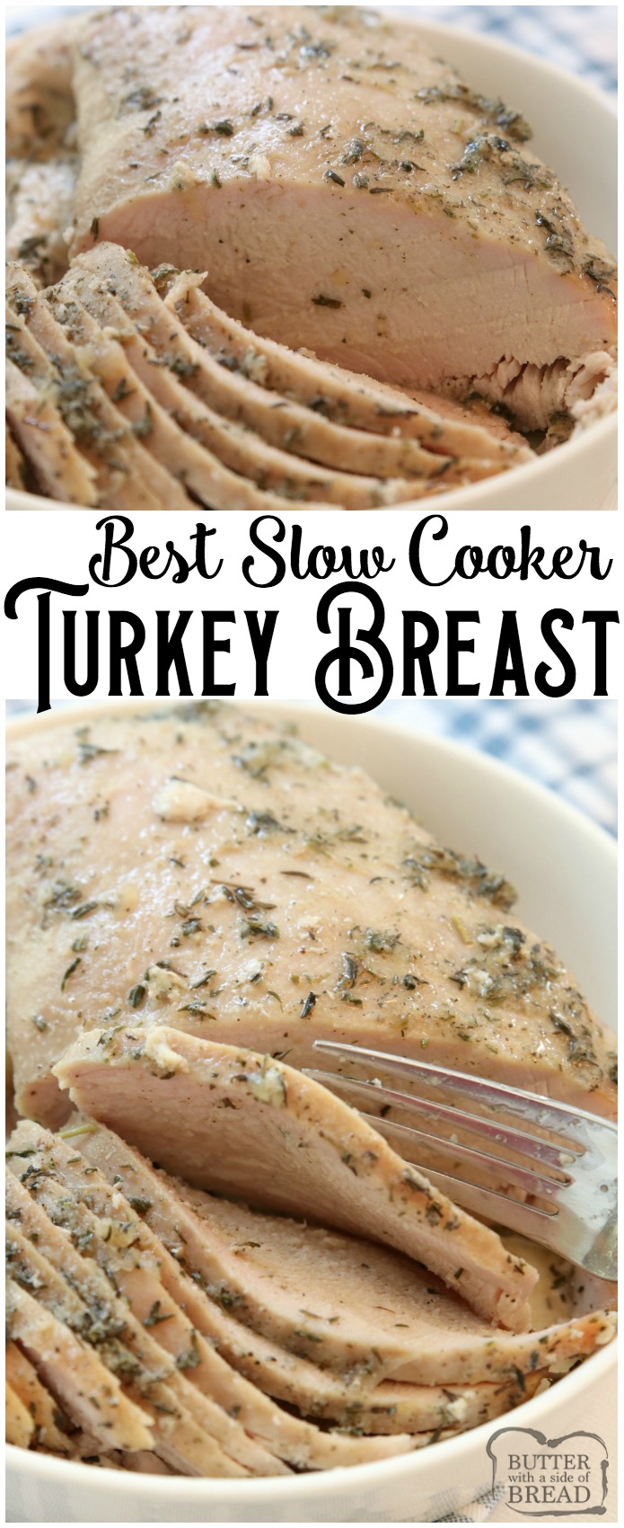 Easy Slow Cooker Turkey Breast recipe made with butter, a sliced apple and a basic mix of traditional seasonings. Crock pot turkey breast recipe perfect for any time of the year! #slowcooker #crockpot #turkey #turkeybreast #protein #recipe #dinner #food from BUTTER WITH A SIDE OF BREAD
