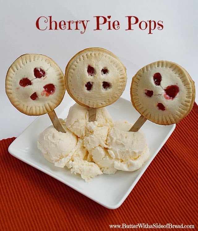 I actually found this recipe on a Crisco container and thought it would be perfect for the kid dessert on Thanksgiving!  These pie pops are so easy to make and they are perfect portions for kids!  Adults can eat them too of course, but you may want to eat more than one!  I used cherry pie filling, but you could use any type of pie filling and they would be delicious!