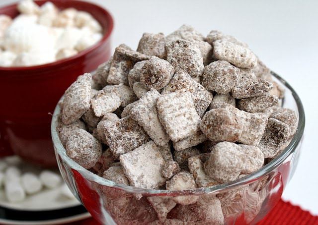 Hot Chocolate Snack Mix is a crunchy and delicious treat to munch on this holiday season, full of Chex cereal, chocolate, marshmallows, and graham crackers!
