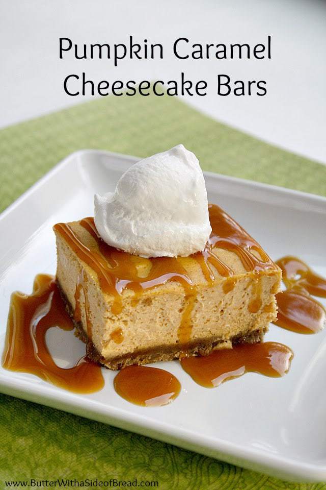 Pumpkin Caramel Cheesecake Bars made with a gingersnap crust and topped with creamy pumpkin cheesecake & caramel sauce. Festive and everyone loves it!