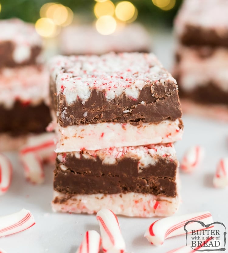Candy Cane Fudge has a white chocolate peppermint layer on the bottom, a creamy fudge layer in the middle and crushed candy canes on top.  This easy peppermint fudge recipe is easily made in the microwave with only 6 ingredients!