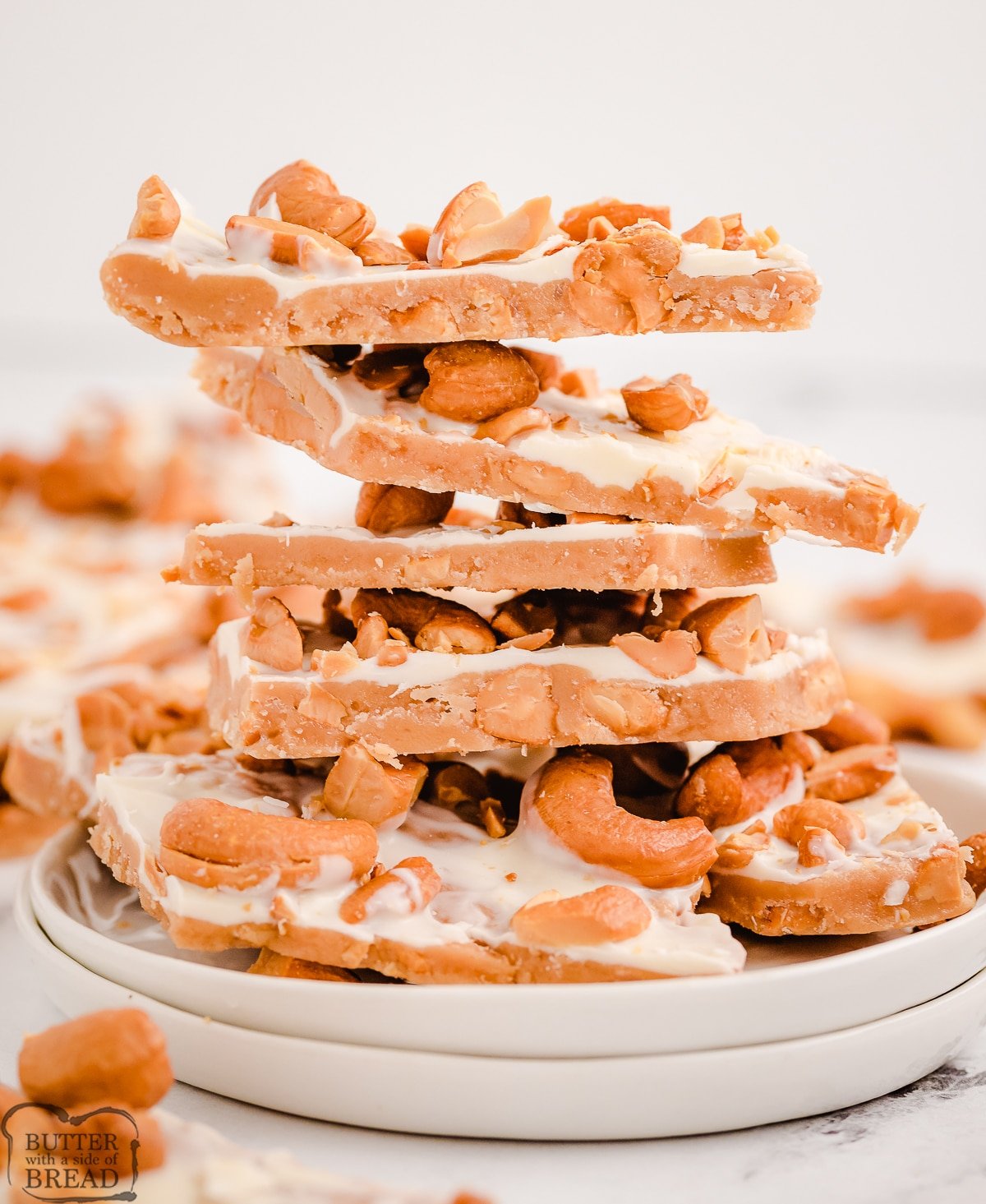 stacked homemade cashew toffee
