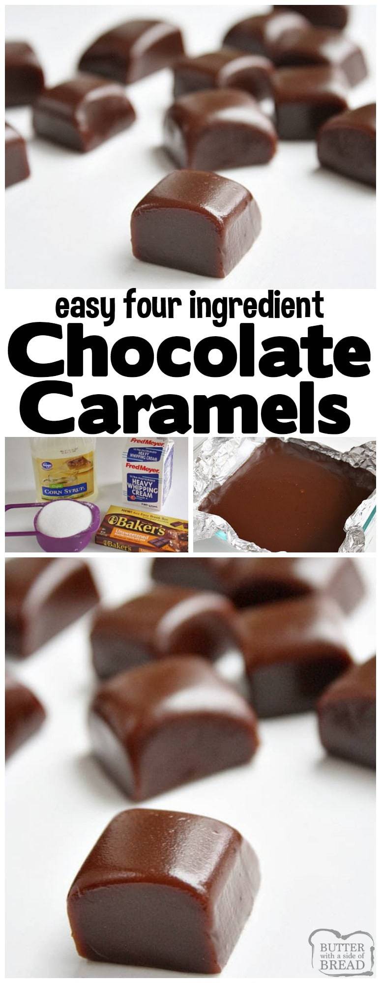 Chocolate Caramels are soft, chewy 4-ingredient homemade caramels with the amazing addition of chocolate! Perfect holiday treats that are delicious & easy to make. Incredible #homemade #caramel #recipe with #chocolate from Butter With A Side of Bread #Christmas #candy #holidays