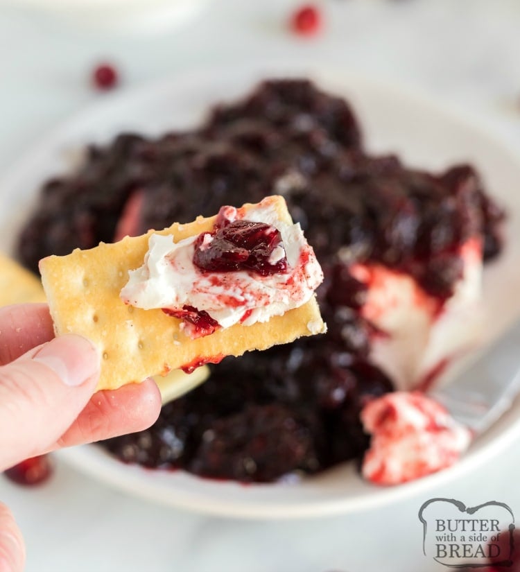 Cranberry Salsa Dip is made with cranberries, sugar and spices, and then poured over cream cheese to make a delicious holiday appetizer recipe. This simple dip recipe is perfect for parties and goes well with chips and crackers.