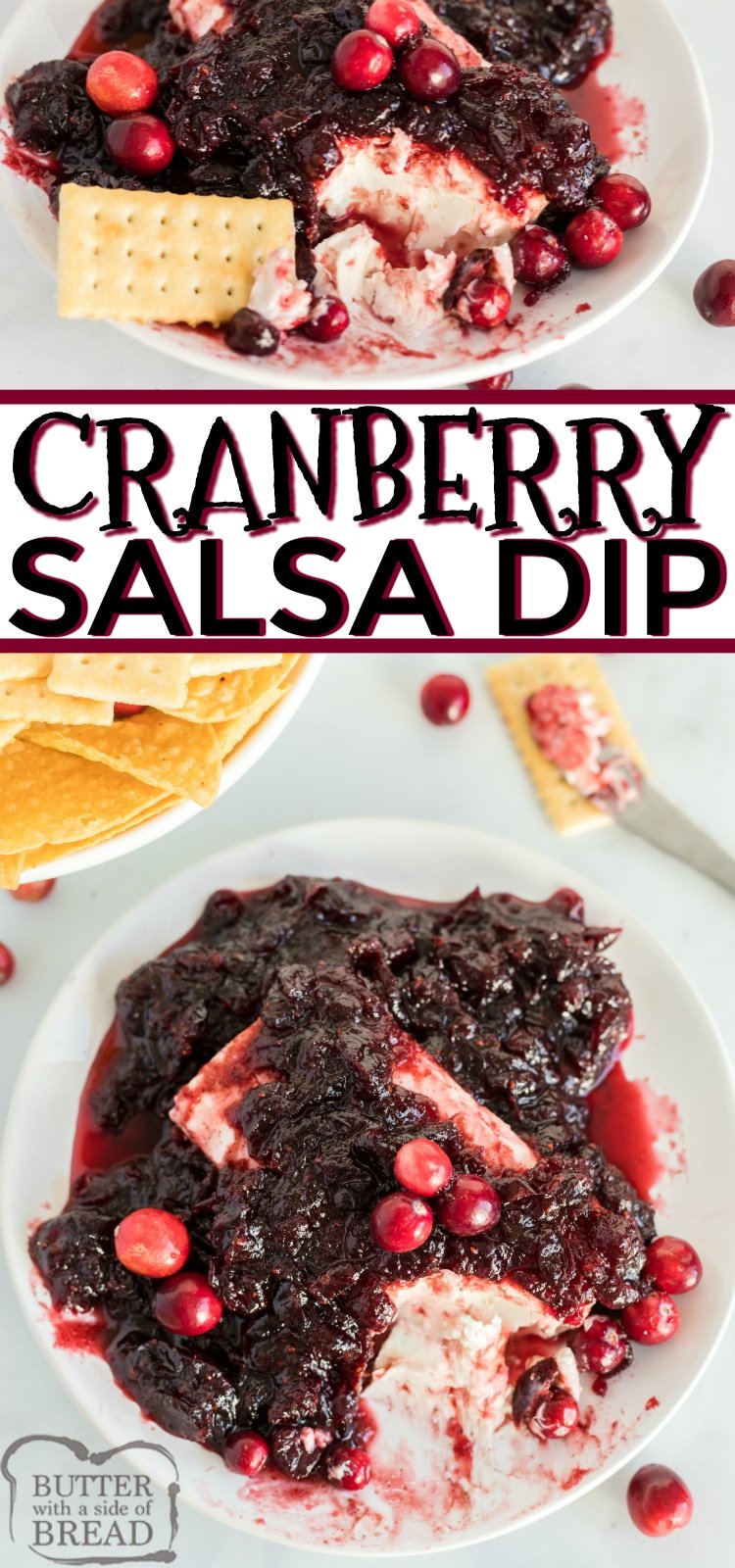 Cranberry Salsa Dip is made with cranberries, sugar and spices, and then poured over cream cheese to make a delicious holiday appetizer recipe. This simple dip recipe is perfect for parties and goes well with chips and crackers.