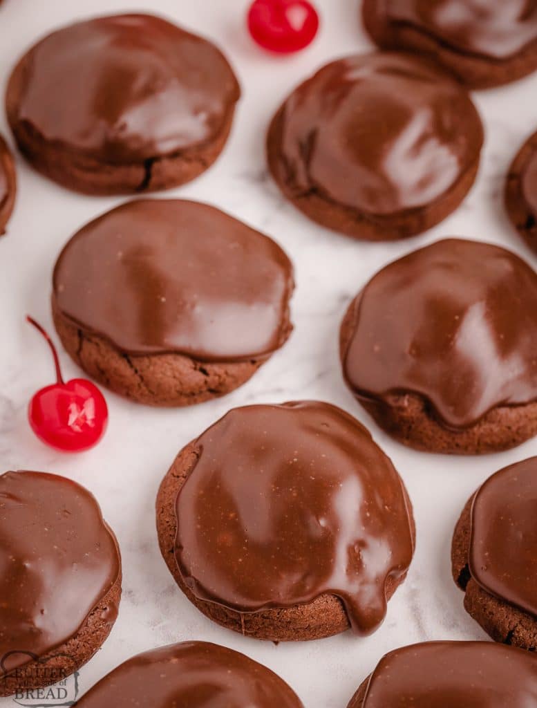 chocolate cherry cookies topped with chocolate ganache