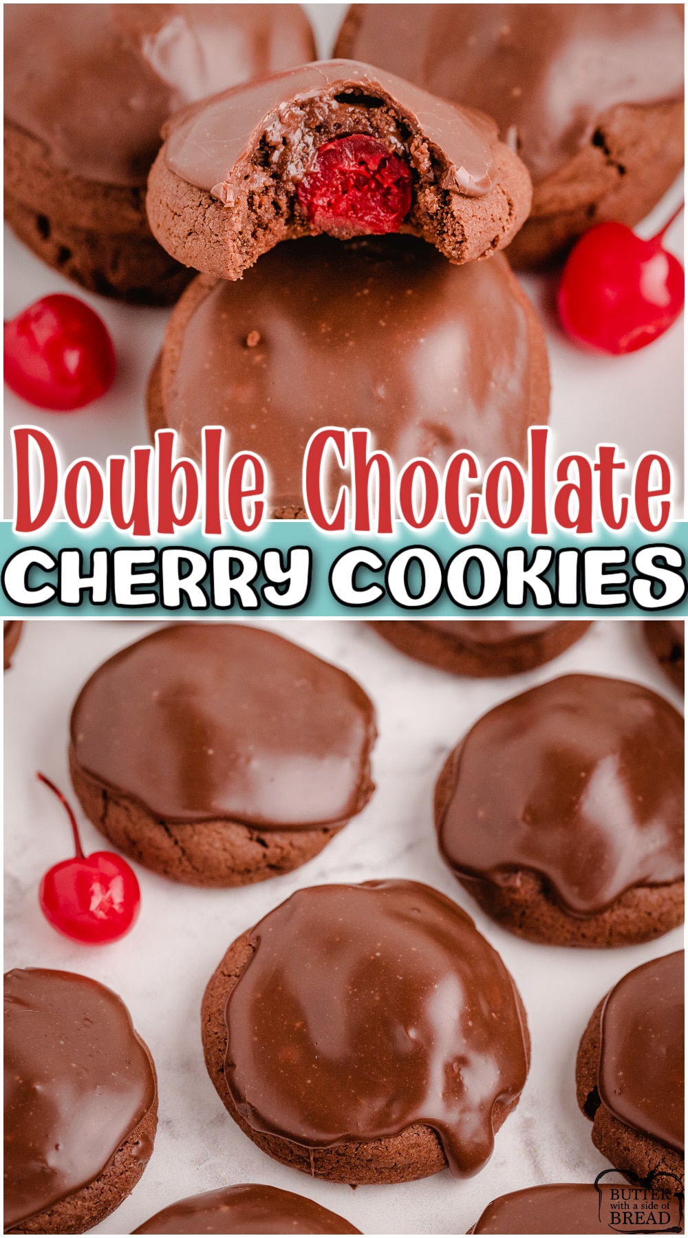 Double Chocolate Cherry Cookies are soft chocolate cookies with a sweet cherry baked in the center! Amazing cherry cookies topped with a luscious chocolate ganache that is every chocolate lovers dream come true!