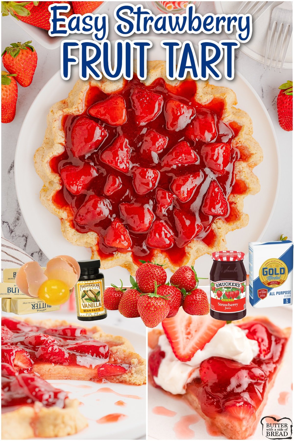 Glazed Strawberry Tart made by topping homemade tart crust with a mixture of jam and fresh strawberries. Lovely tart recipe that's easy to make! 