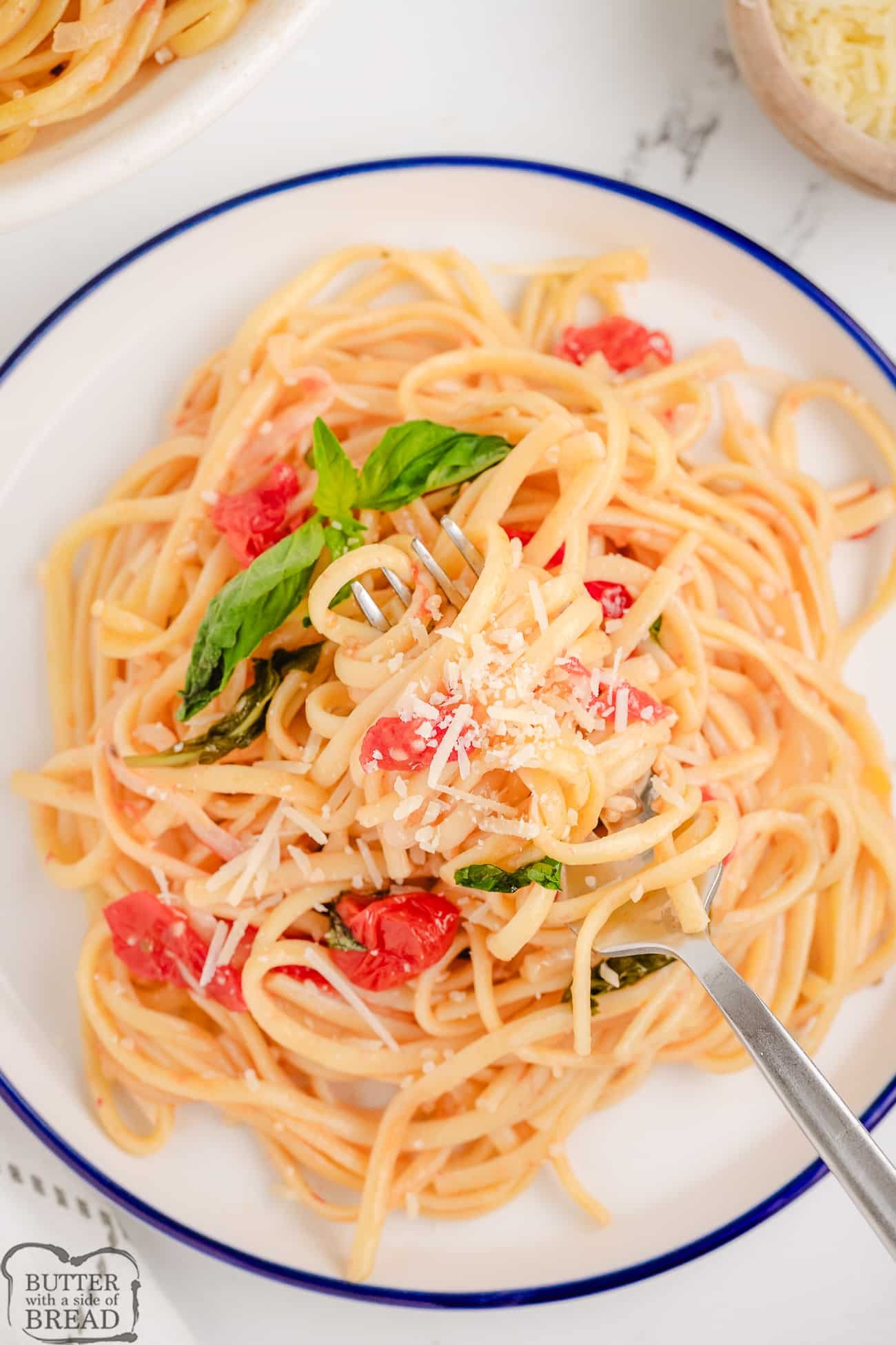 Martha's one pot tomato basil pasta on a plate