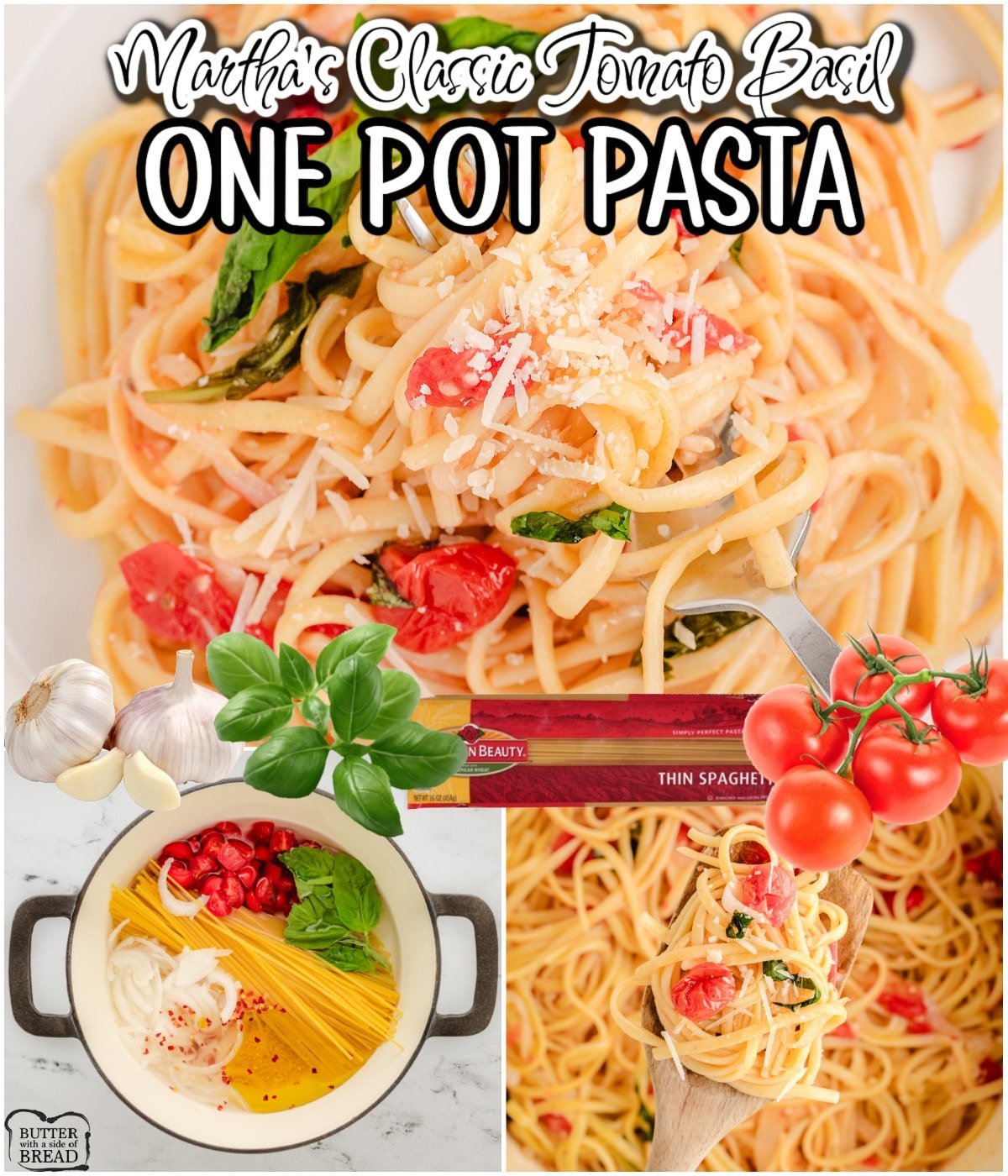 Martha's One Pot Pasta is a super simple, delicious tomato basil pasta that you'll absolutely love! Fresh, flavorful ingredients all tossed in a pot and cooked in minutes!