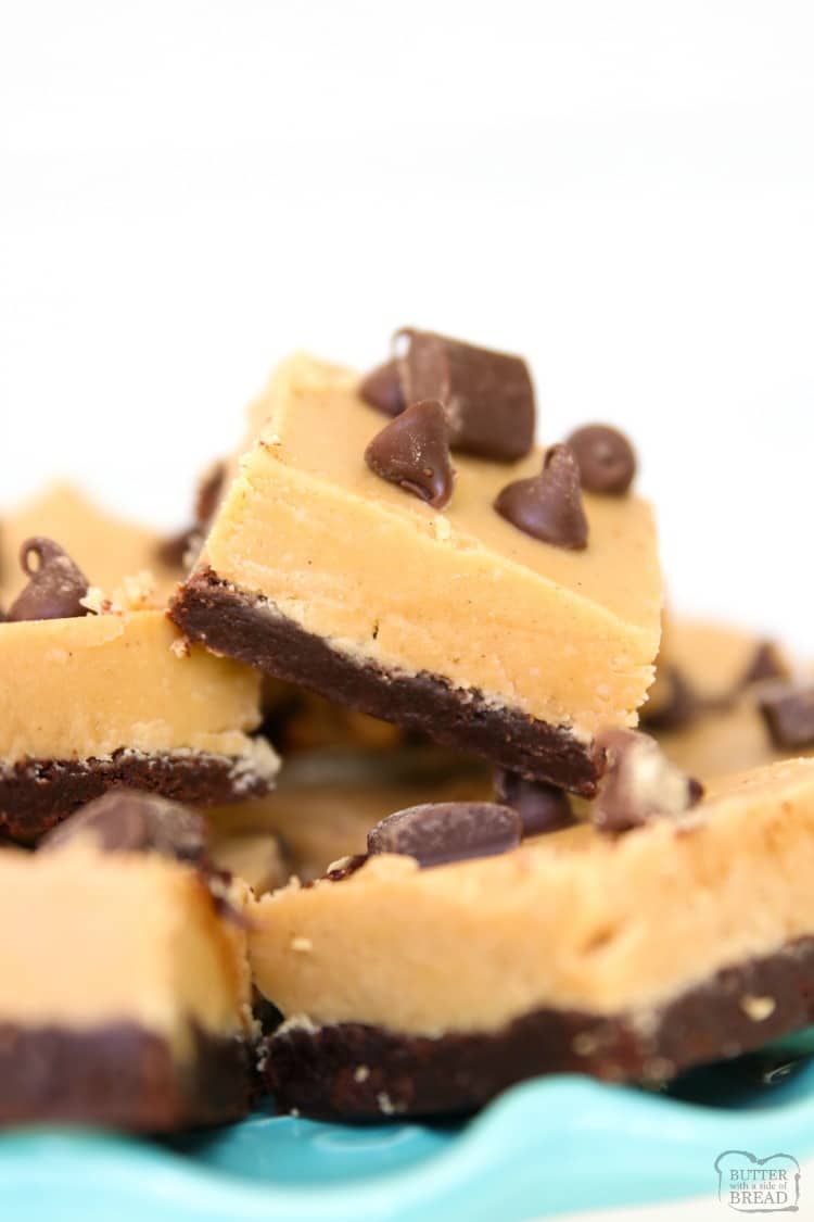 Peanut Butter Fudge Brownies made easy with 2 layers, a thin homemade brownie topped with smooth & creamy peanut butter fudge. Perfect chocolate peanut butter combination!