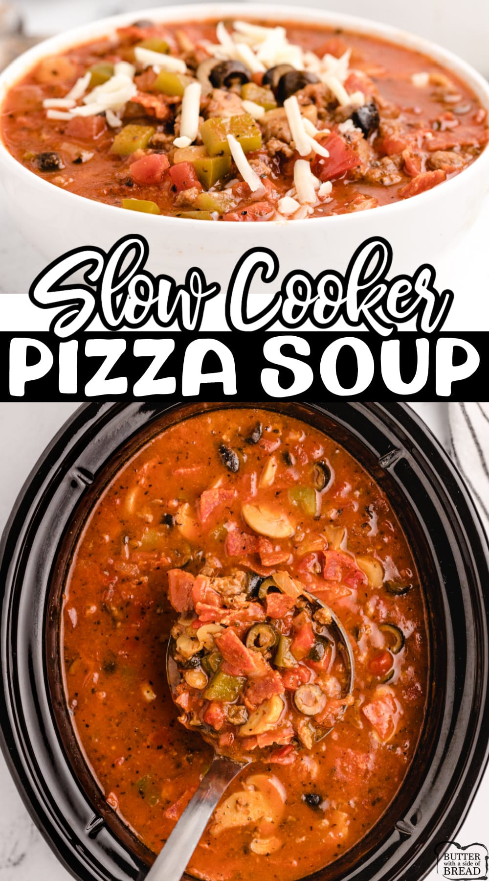 Slow Cooker Pizza Soup is a filling and comforting soup that is full of your favorite pizza flavors. Making this slow cooker pizza soup recipe  is so simple - combine the ingredients and the crockpot does all the work! 