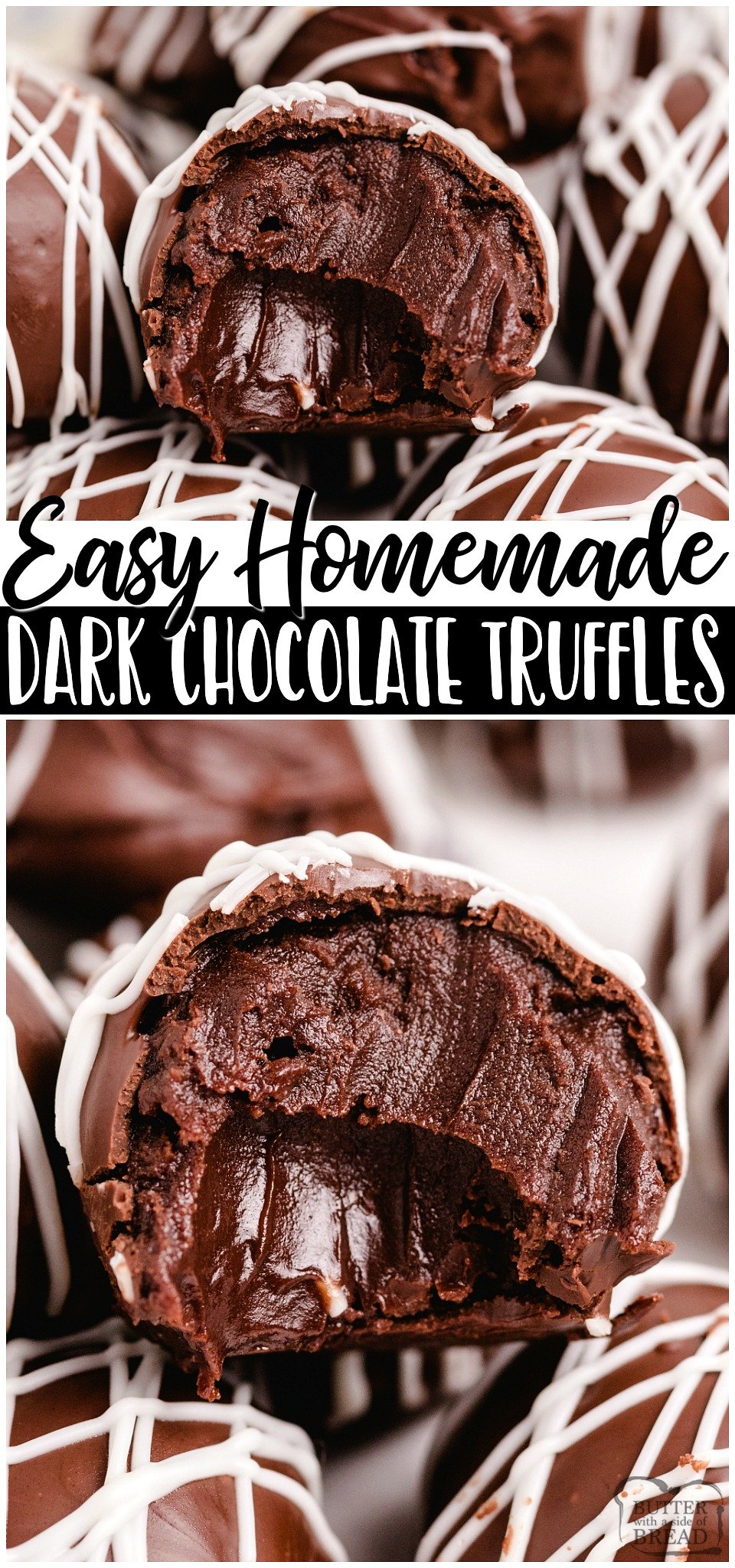 Homemade Dark chocolate Truffles made with just 5 ingredients and SO amazing! Chocolate chips, heavy cream and butter combine for a rich & smooth luscious chocolate truffle filling you make easily at home! #chocolate #truffles #homemade #candy #dessert #easyrecipe from BUTTER WITH A SIDE OF BREAD