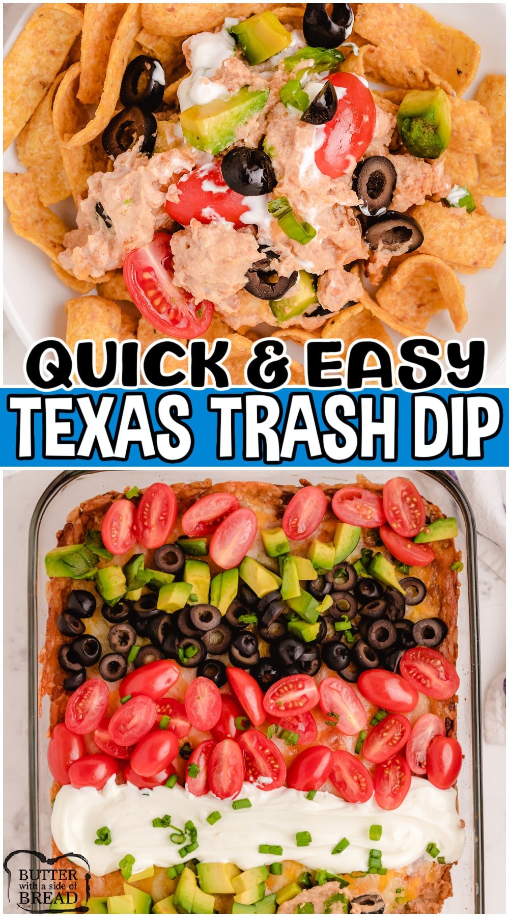 Texas Trash Bean Dip is a flavorful dip recipe with refried beans, cream cheese, taco seasoning & cheese! This layered bean dip is a hearty appetizer with great Tex-Mex flavor that everyone loves!