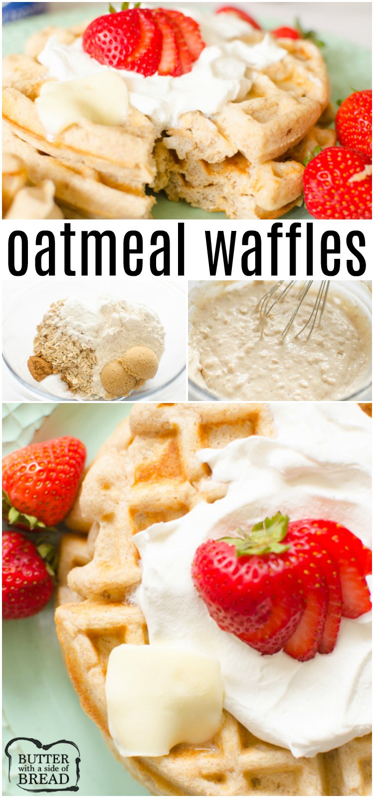 Oatmeal Waffles made fresh for breakfast with oats, cinnamon and several other basic ingredients that you likely have on hand. This oatmeal waffle recipe can be topped with berries, bananas and whipped cream for a delicious and hearty breakfast with lots of nutrition and flavor! 