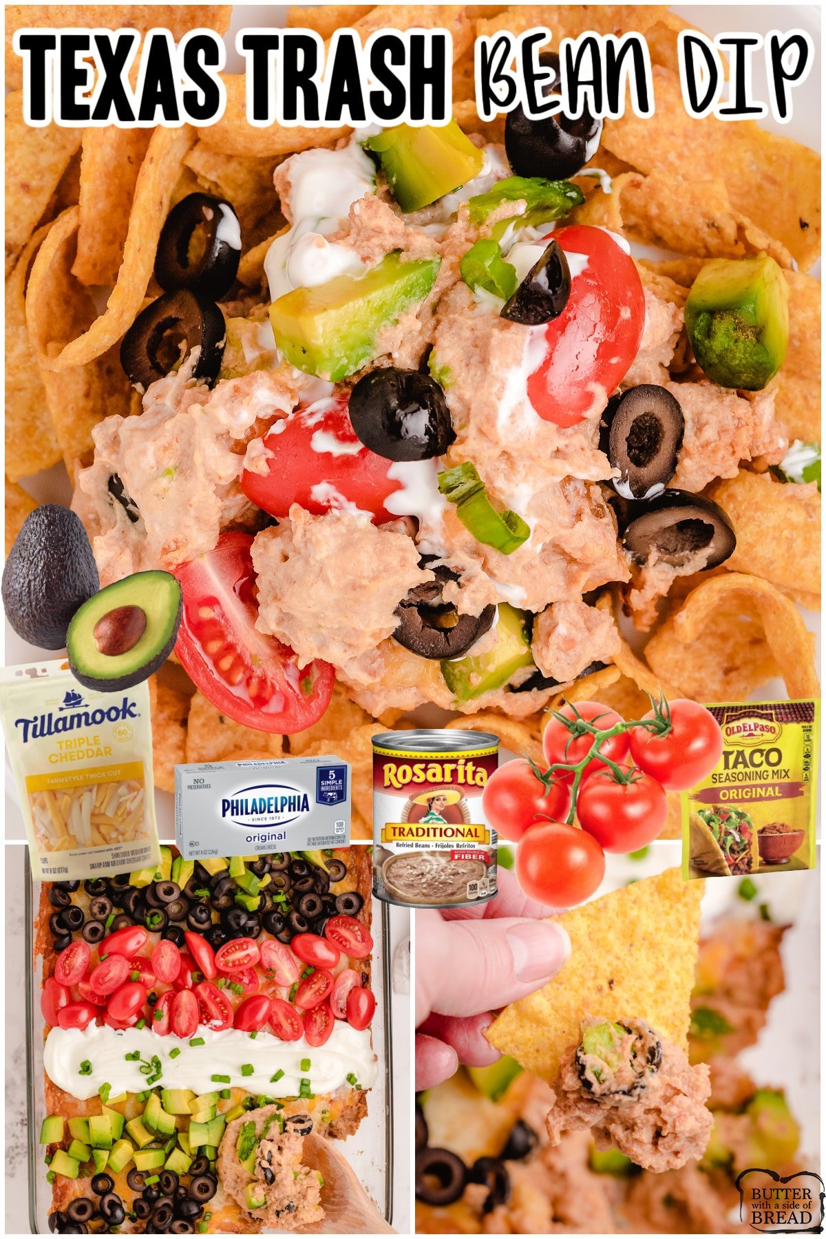 Texas Trash Bean Dip is a flavorful dip recipe with refried beans, cream cheese, taco seasoning & cheese! This layered bean dip is a hearty appetizer with great Tex-Mex flavor that everyone loves!
