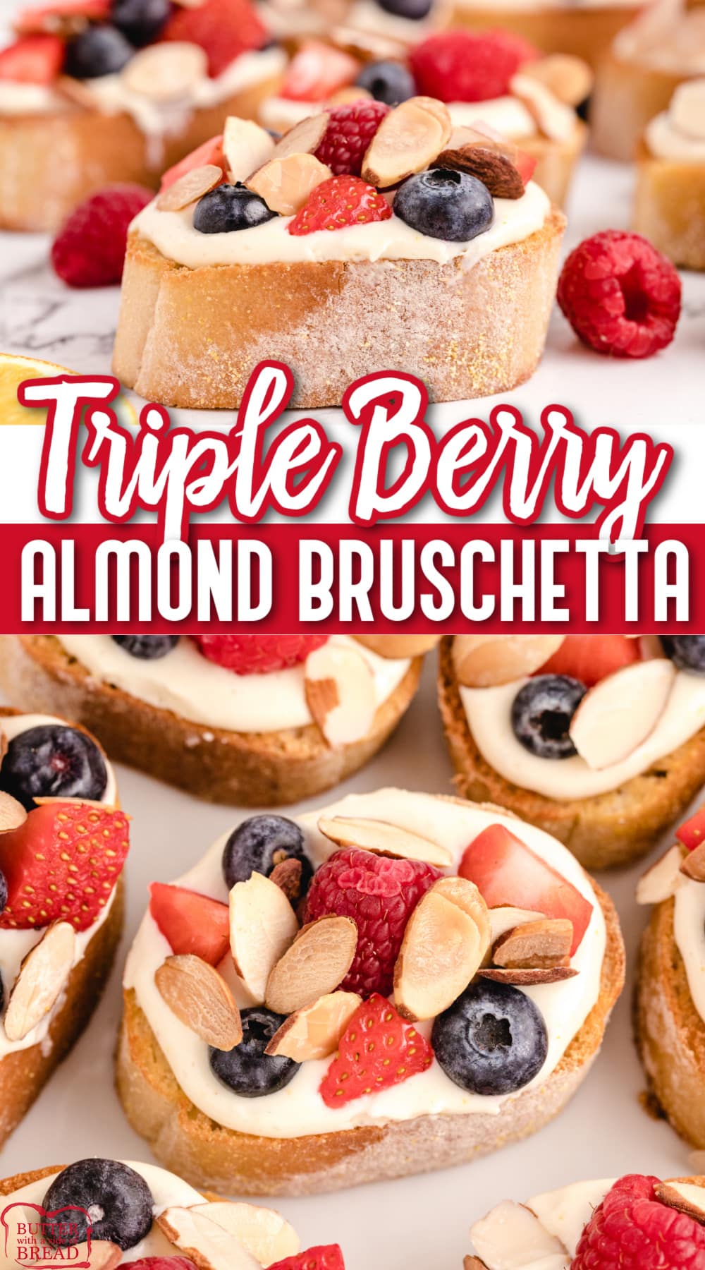 Triple Berry Almond Bruschetta is a delectable snack made with a creamy topping and fresh berries. Making this fresh berry bruschetta is so simple - in under 30 minutes you will have a sensational dish to serve and impress your family or friends! 