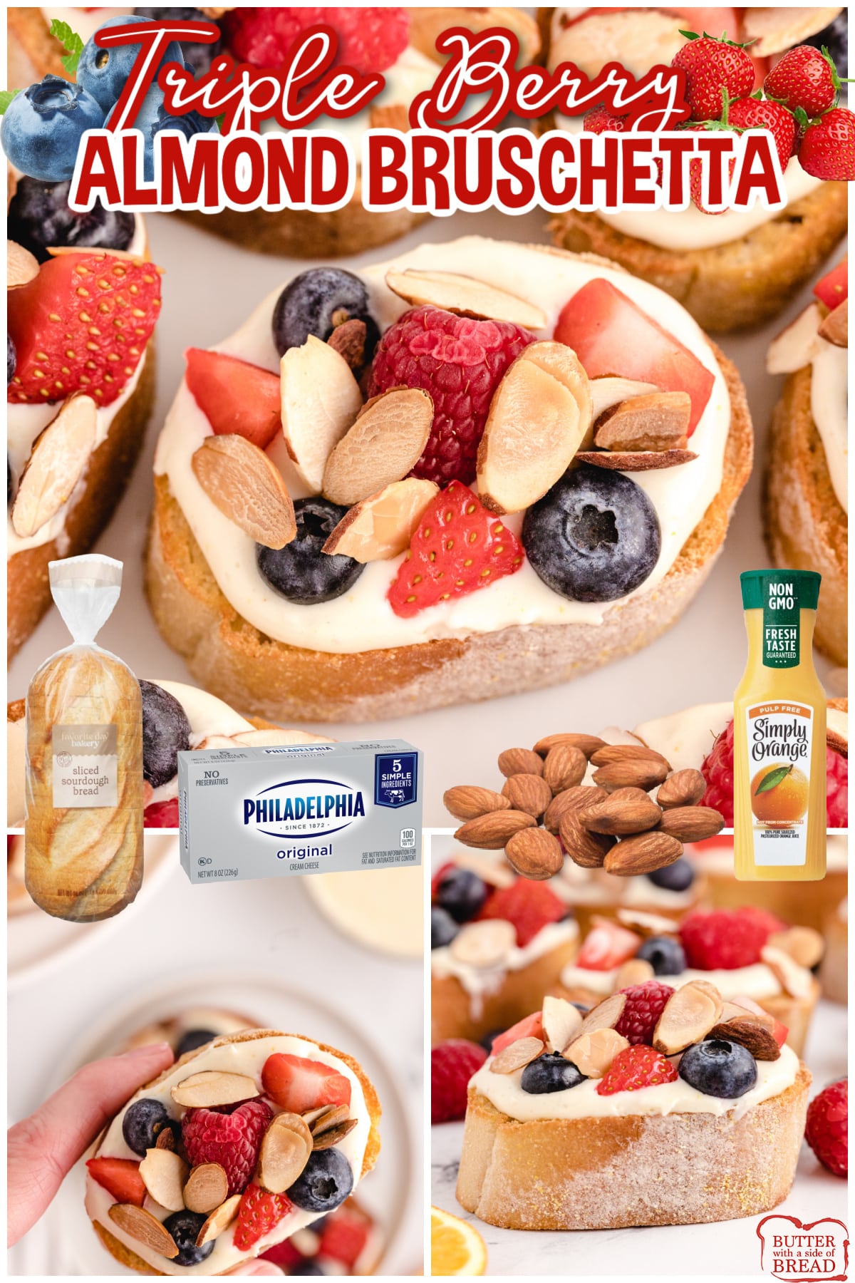 Triple Berry Almond Bruschetta is a delectable snack made with a creamy topping and fresh berries. Making this fresh berry bruschetta is so simple - in under 30 minutes you will have a sensational dish to serve and impress your family or friends! 
