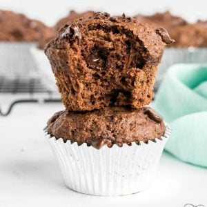200 Calorie Double Fudge muffins made with applesauce, bananas, whole wheat flour, cocoa powder & chocolate chips! Perfect low-cal muffin recipe for chocolate lovers! 