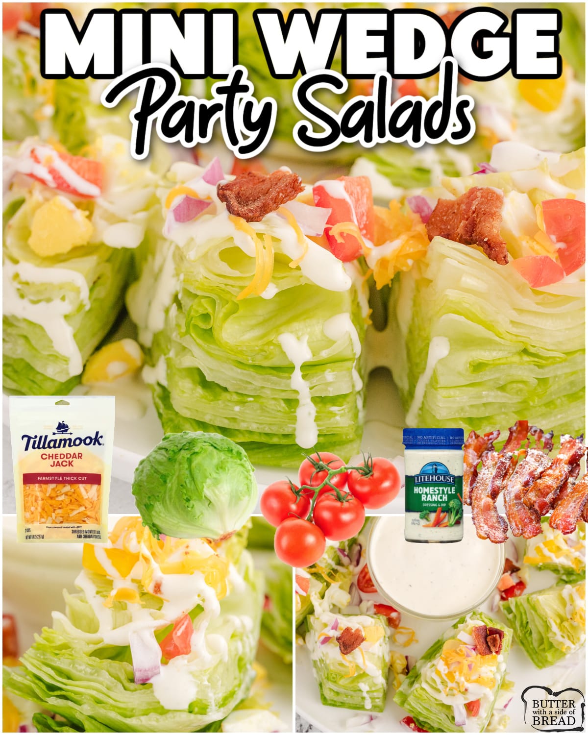 Mini Wedge Party Salads are made with two-bite portions of iceberg lettuce, bacon, tomatoes, and & your favorite dressing! Perfect appetizers for any party!
