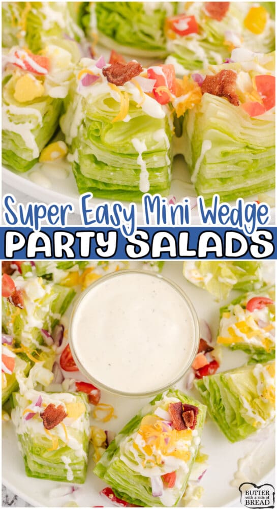 Mini Wedge Party Salads are made with two-bite portions of iceberg lettuce, bacon, tomatoes, and & your favorite dressing! Perfect appetizers for any party!