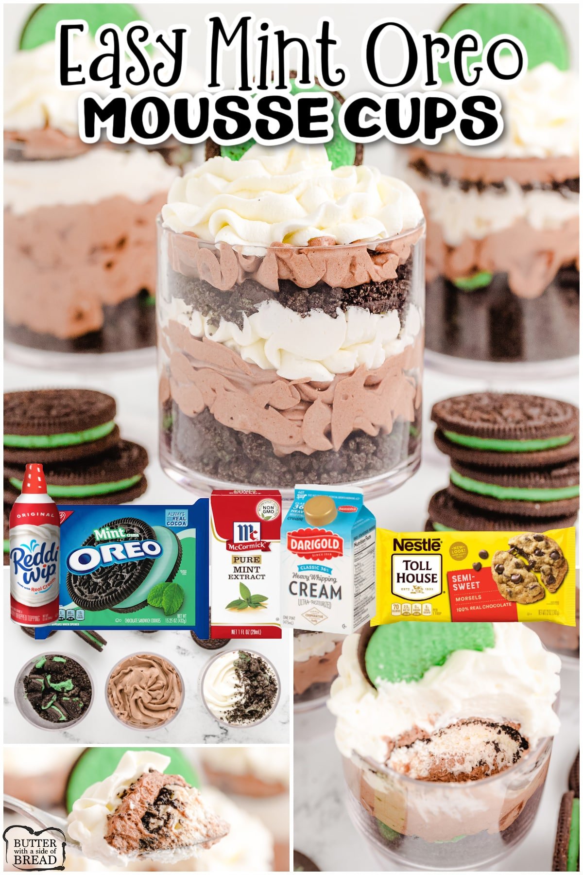 Mint Oreo Chocolate Mousse Cups made with just 5 ingredients! Easy dessert with luscious layers of mint chocolate & sweet cream with crunchy bits of mint Oreo cookies in between!