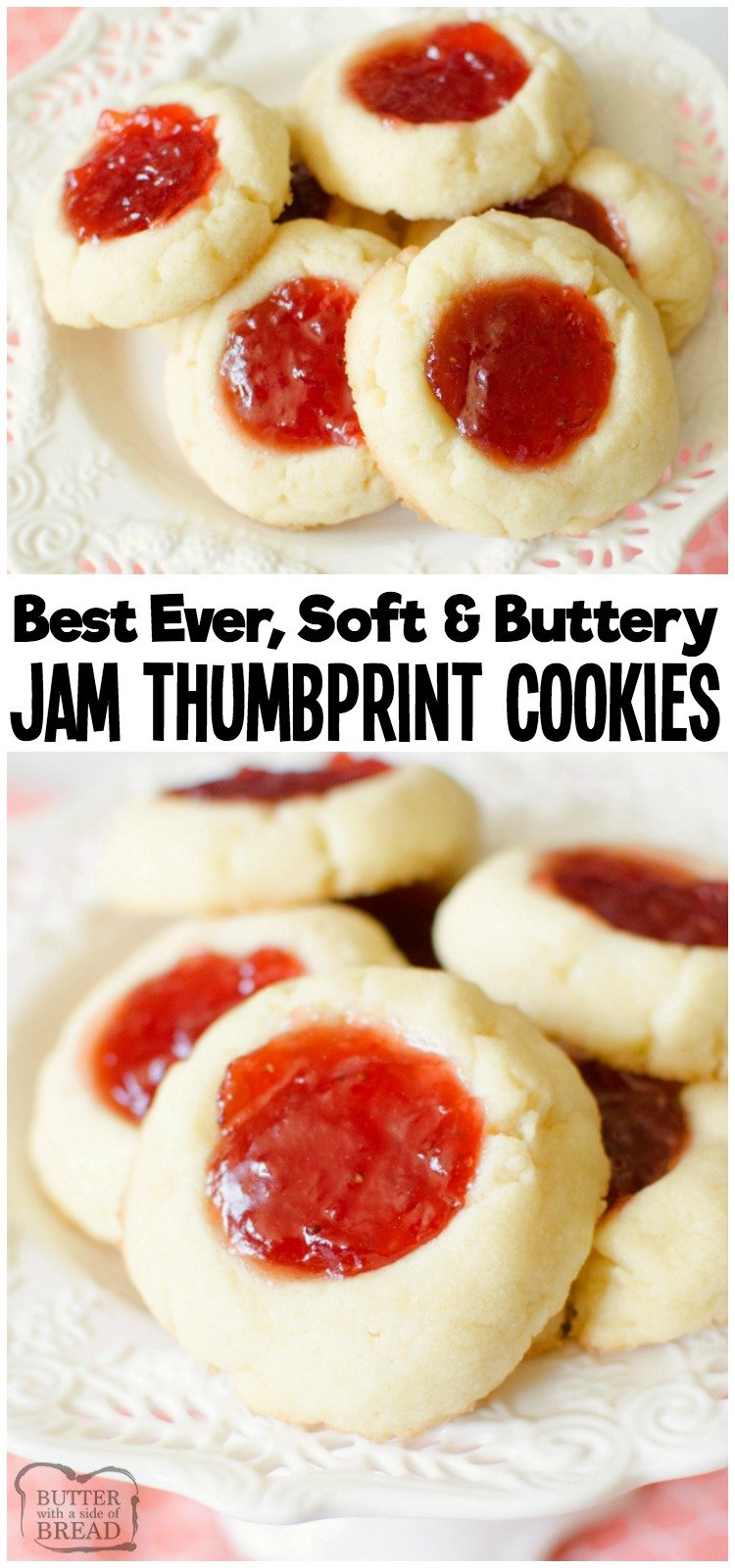 Easy recipe for Soft Jam Thumbprint Cookies perfect for the holidays! Buttery cookies with great flavor, filled with your favorite sweet jam. Perfect for Christmas cookie exchanges!  #cookies #recipe #baking #dessert #thumbprints #cookie #jam #Christmas from BUTTER WITH A SIDE OF BREAD