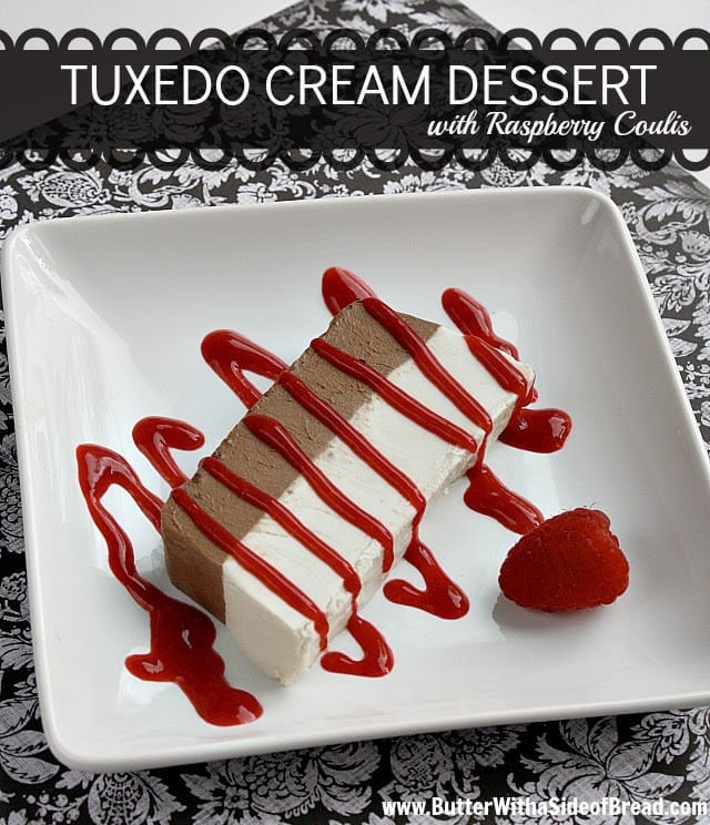  I finally found this Tuxedo Cream Dessert in the 2011 Taste of Home Contest Winning Recipes cookbook and decided to give it a try.  It is AMAZING!  It really isn't very complicated, it only requires a few ingredients and the presentation was beautiful and definitely fancy - it was a huge success!   The best part is that I could make it the day before and not have to worry about getting all of it ready at the last minute!
