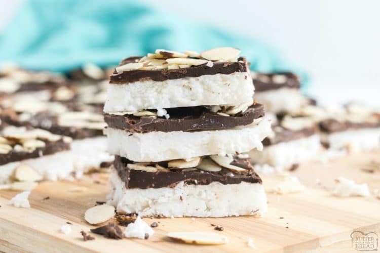 Homemade Almond Joy Bars made EASY with just 5 ingredients and healthier than store-bought! Fantastic no-bake, low carb, low sugar treat for chocolate coconut lovers. 