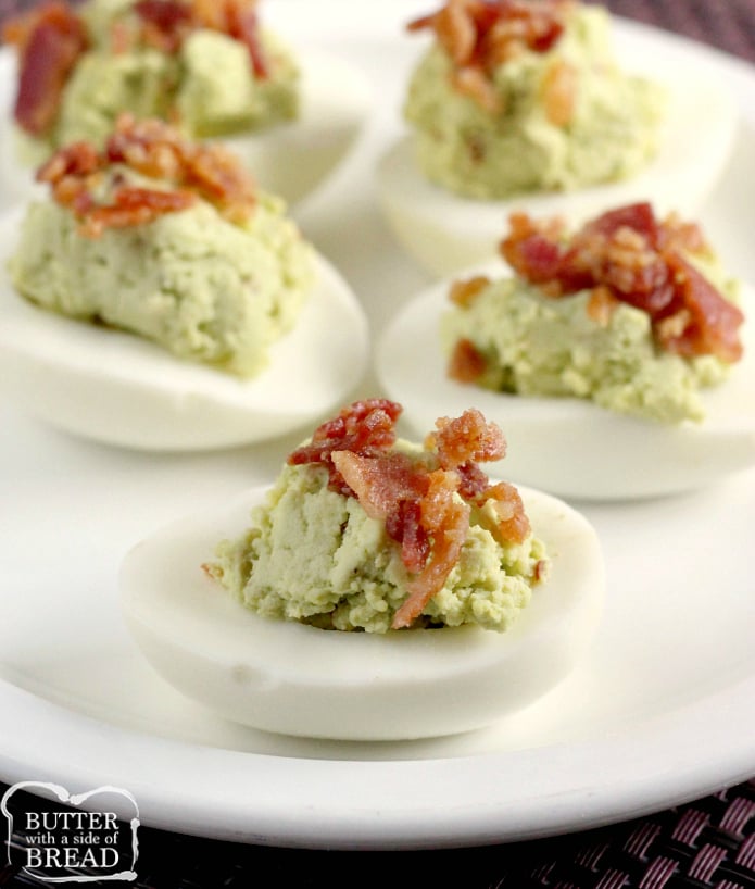 Bacon Avocado Deviled Eggs made with all the classic deviled egg ingredients, plus avocado! Creamy, flavorful and the best part is they have bacon on top. These are THE BEST deviled eggs you'll ever try!