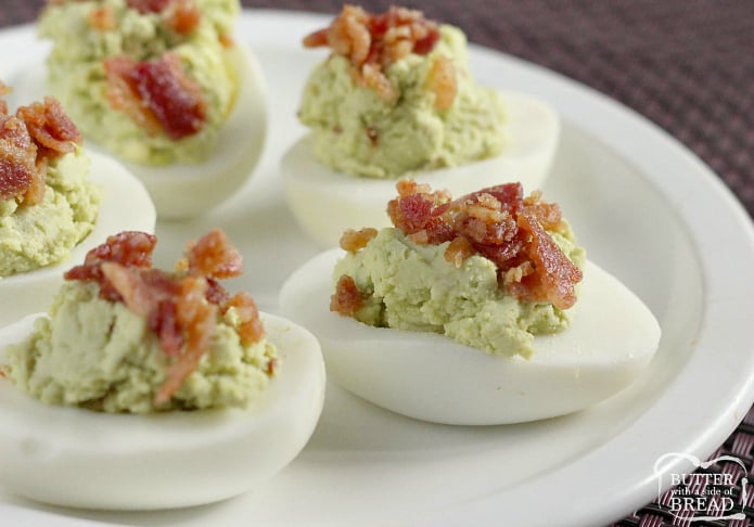Bacon Avocado Deviled Eggs made with all the classic deviled egg ingredients, plus avocado! Creamy, flavorful and the best part is they have bacon on top. These are THE BEST deviled eggs you'll ever try!